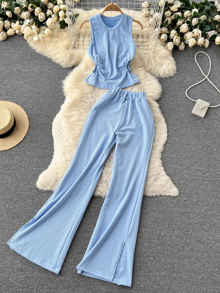Women's Two Piece Pants Korean Suits Women's Two Piece Set Summer Slim Fit Sleeveless O-neck Tops High Waist Slits Trousers Two-piece Suit F