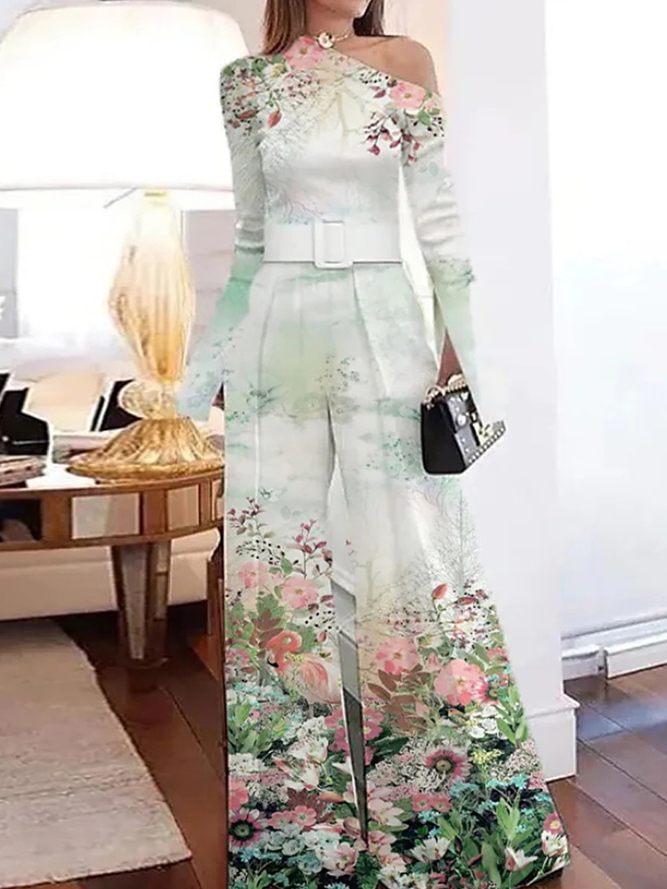 Women's Two Piece Pants Wide Leg Pant Office Lady Loose Gradient Summer Matching Set Women One Off Shoulder Hollow Out Ladies Outfit Streetwear 2