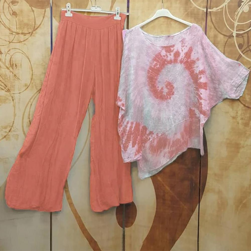 Women's Two Piece Pants M - 5XL 2Pcs Tops Pants Set Vintage Tie-dye Round Neck Half Sleeves Irregular Hem High Waist Summer Women T-shirt Trouser