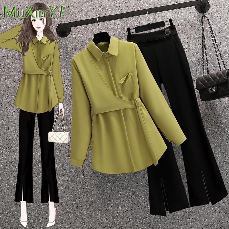 Women's Two Piece Pants Women's Autumn Fashion Shirt Blouse High Waist Pants Two Piece Korean Elegant Sweatshirt Trousers Suit Female Clothe