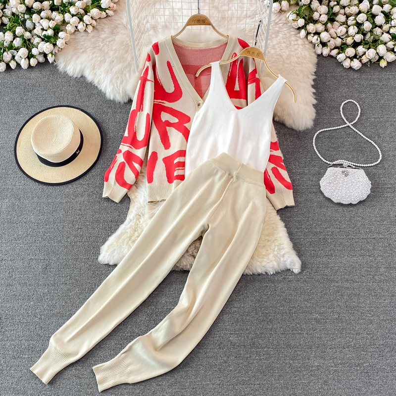 Women's Two Piece Pants Casual Letter Tracksuit Women Fall Winter 3 Piece Knitted Sweater Set Trouser Suits Knitted CardiganVest Pants Outfits 23