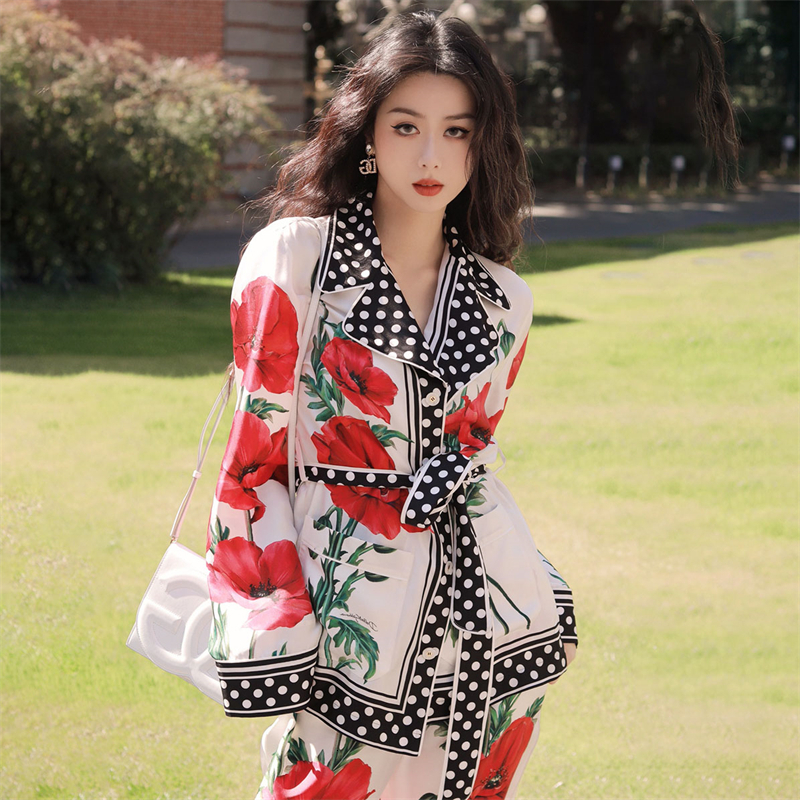 Women's Two Piece Pants Spring and summer women's satinelastic waist printed trouser suit ss fashion casual lapel casual shirt holiday wind 