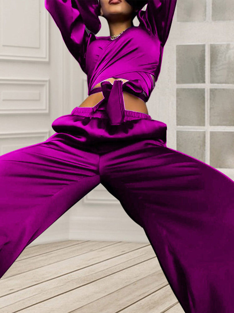 Women's Two Piece Pants Flared Sleeves Two-piece Women Sets Lace-up Short Top Loose Trousers Fashion Lady Outfits Solid Color V-neck Casual Femal