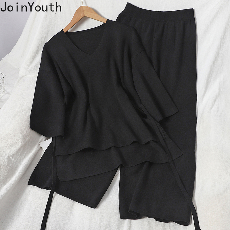 Women's Two Piece Pants Joinyouth Autumn All-match Two-piece Suit Women Suits V-neck Lace-up Slim Waist Tops High-waist Wide-leg Trousers Knitted