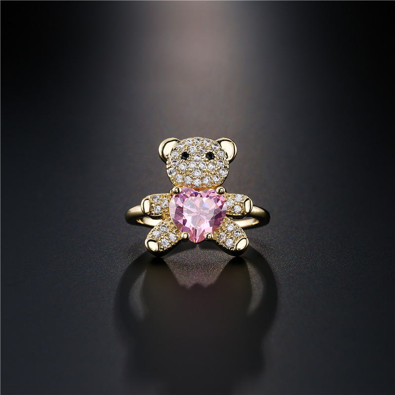 Cute Adjustable CZ Micro Pave Heart Bear Ring Copper Rings Jewelry