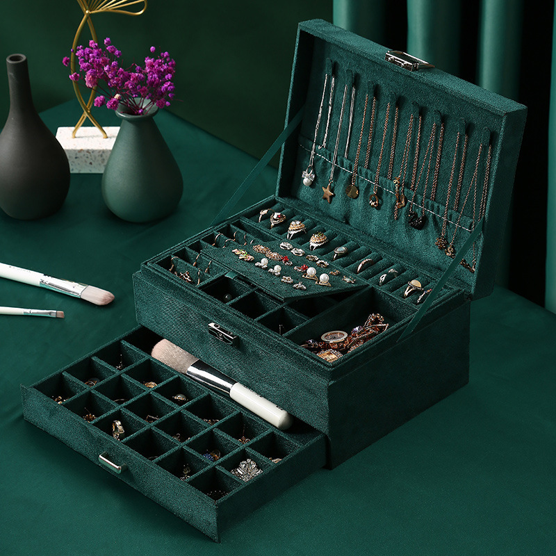 Jewelry Boxes Green 3 Layer Flannel Organizer Box Necklaces Earrings Rings Display Holder Case for Women Large Capacity With Lock 230511