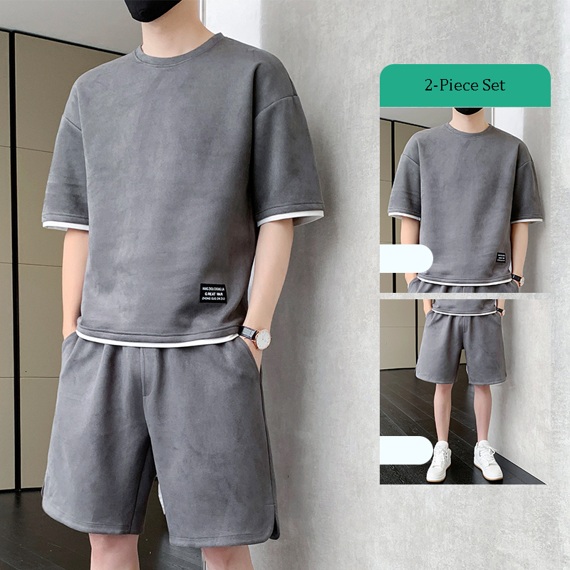 Men's Tracksuits Suede Tracksuit Mens Summer Sets O-Neck Short Sleeve Shorts Fashion Solid Color Sport Suit Men Loose T-shirts 2 Piece Set 230511