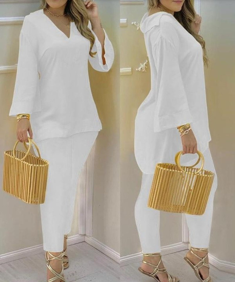 Women's Two Piece Pants Solid Color Flare Long Sleeve V Neck Blouse Pant Sets Fashion Women Office Straight Long Trousers Matching Set 230511