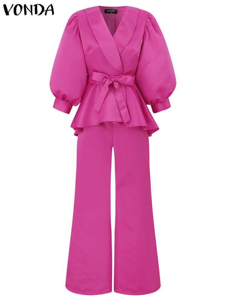 Women's Two Piece Pants Y2k Women Sets VONDA Vintage Puff Sleeve Waist Belt Top Trousers Suits Female Sexy V Neck Party Sets Femininas Suits Bagg