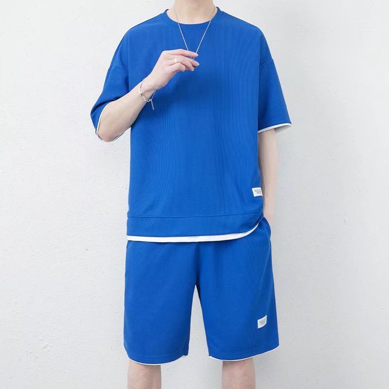 Men's Tracksuits Men's Sets Short Sleeve T-shirtsShorts 2 Pcs Suit Solid Color Sport Outfits Summer Thin Male Casual Loose Tracksuit 230511
