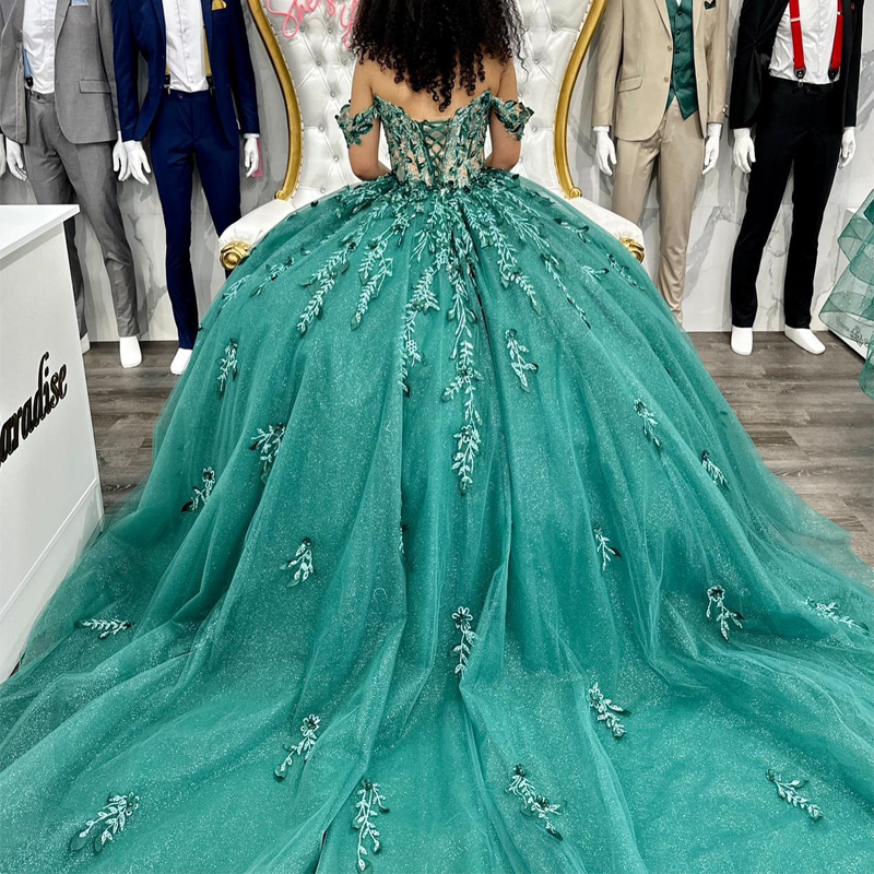 Sage Green Off the Shoulder Sleeveless Sweetheart Quinceanera Dresses Appliques Lace Beading Shiny Ball Gown Girl Birthday Party Prom Dress