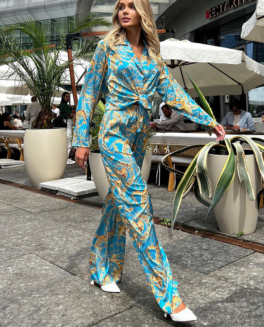 Women's Two Piece Pants Print Long Sleeve Blouses Sets Women Fashion Elegant Loose Pants Set Casual Female High Wasit Wide Leg Trousers Suits 230