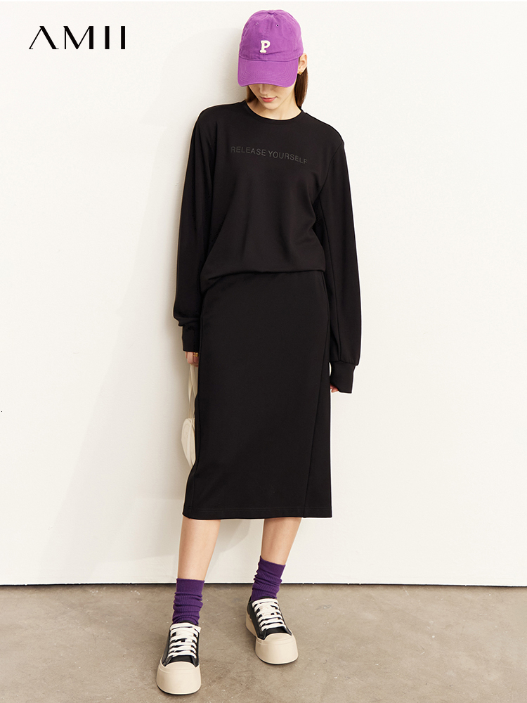 Women's Two Piece Pants Amii Minimalist Autumn Women's Suit Long Sleeve Sweatshirt Casual Elegant Fashion Wide Leg Trousers Skirt Separately