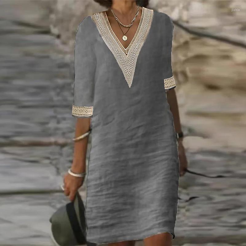 Casual Dresses Women Cotton Linen Dress Summer Fashion Solid Color Hallow Out Mini Female Oversize Mid-Sleeve Vestidos