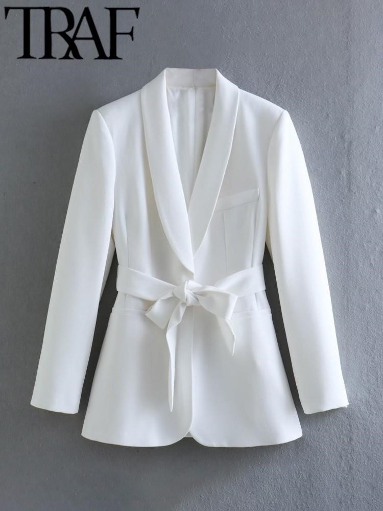 Women's Two Piece Pants TRAF Women Fashion Suit Pants 2 Piece Blazer Coat Top Vintage High Waist Suit Trousers Female OL Style Suit Coats Pants S