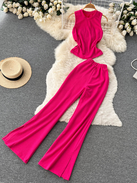 Women's Two Piece Pants Korean Suits Women's Two Piece Set Summer Slim Fit Sleeveless O-neck Tops High Waist Slits Trousers Two-piece Suit F