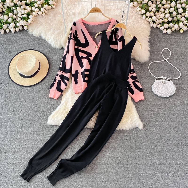Women's Two Piece Pants Casual Letter Tracksuit Women Fall Winter 3 Piece Knitted Sweater Set Trouser Suits Knitted CardiganVest Pants Outfits 23