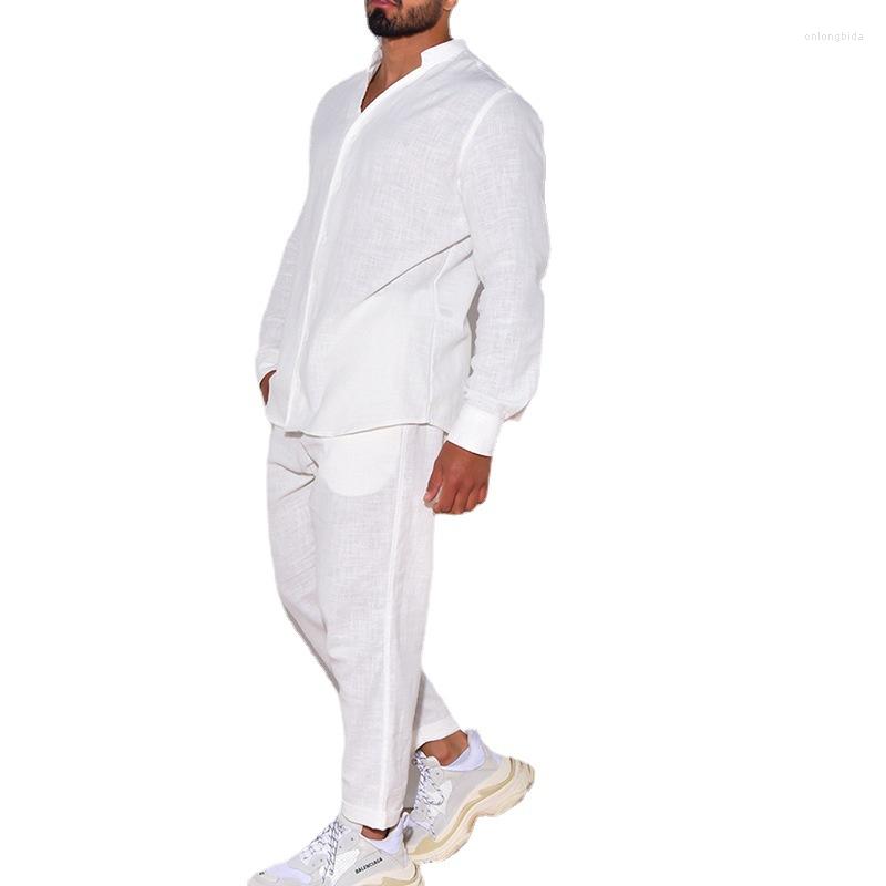 Tracksuits European And American Men's Linen Autumn Casual Suit Long-Sleeved One-Piece Cargo Trousers Are On Sale