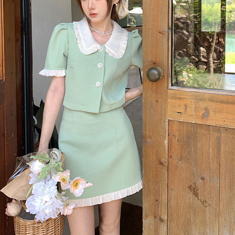 Two Piece Dress Summer Sweet Two Piece Dress Sets Peter Pan Collar Short Sleeve Crop Top Mini Skirts Korean Fashion Retro Green Hepburn Suit 230512