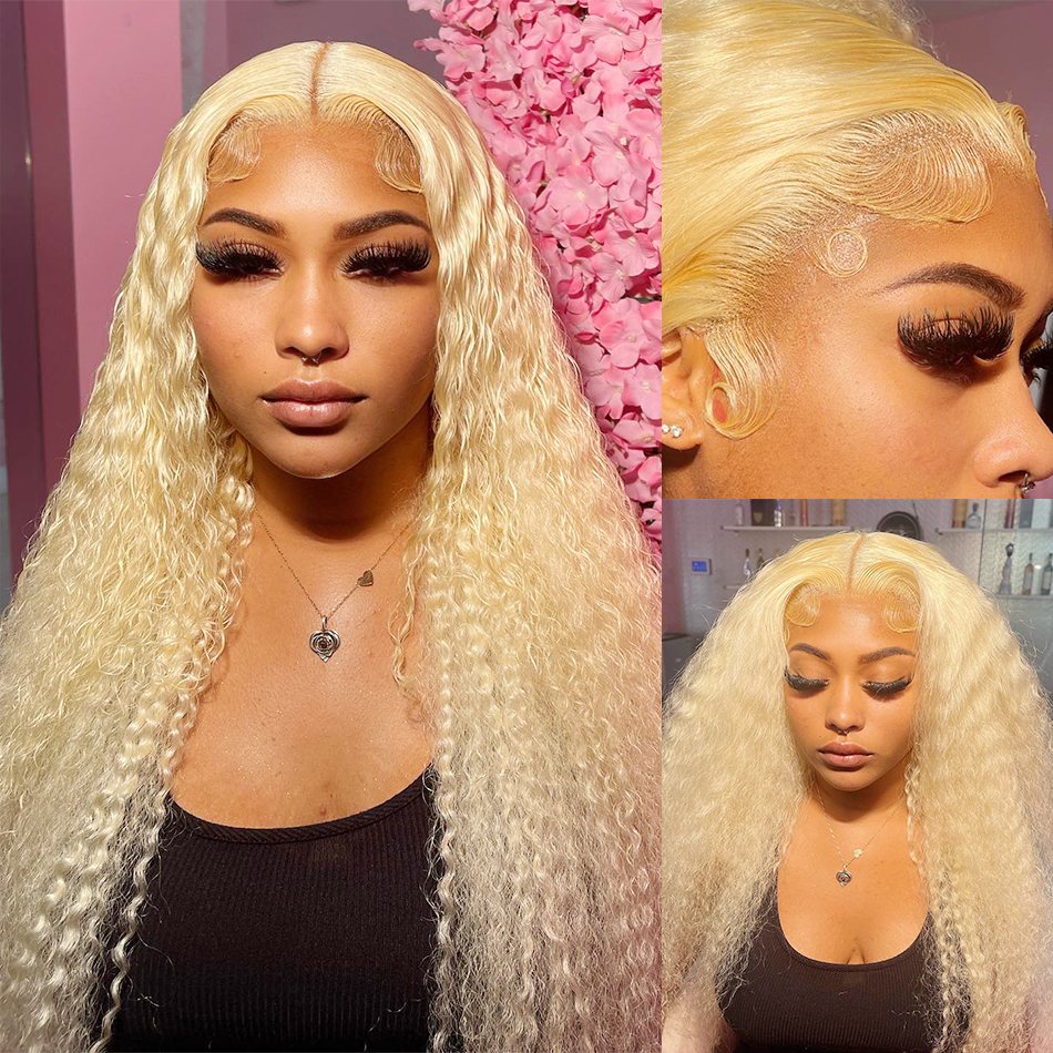 13x4 Deep Wave Lace Front Human Hair Wigs Brazilian 250% Loose Curly 13x4 Frontal Wig For Women 30 Inch 613 Honey Blonde Synthetic Wig