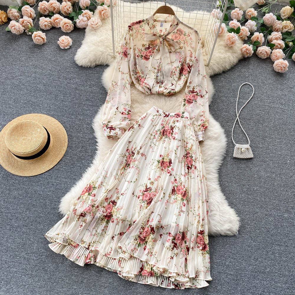 Two Piece Dress Chiffon Sundress with Pleated Skirt Long Sleeve Shirts Sets 2 Floral Summer Lace Up Top Suits Holiday Women Clothes 230512