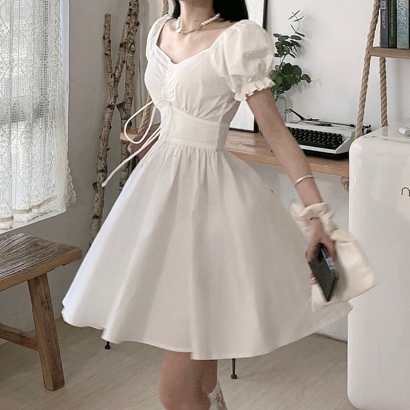 Casual Dresses QWEEK Sweet White Puff Sleeve Dress Women Mori Vintage Wrap Bodycon Short Dresses Preppy Style School Robes Female 230512