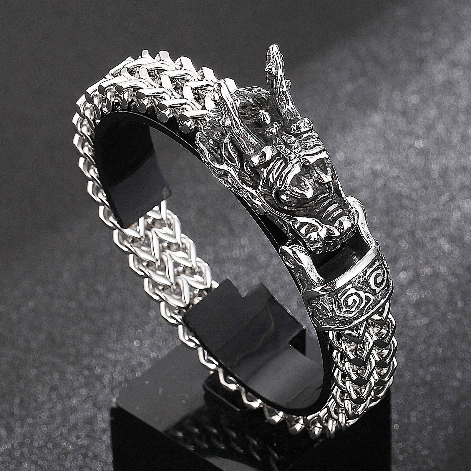 Chain Fongten Dragon Bracelet For Men Silver Color Stainless Steel Braided Mesh Link Viking Wrist Male Bangles Jewelry Gift 230511