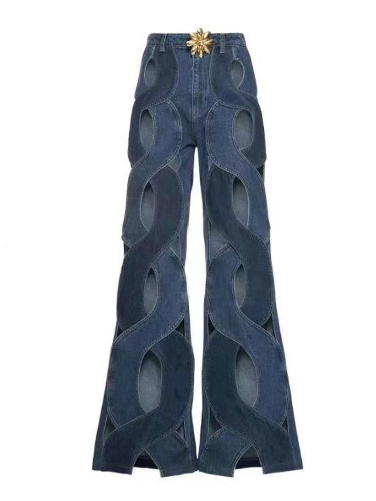 Womens Jeans Women Streetwear Cut Out Hollow Criss Cross Straight Flare Denim Pants INS Female Fashion Wide Leg Trousers 230512