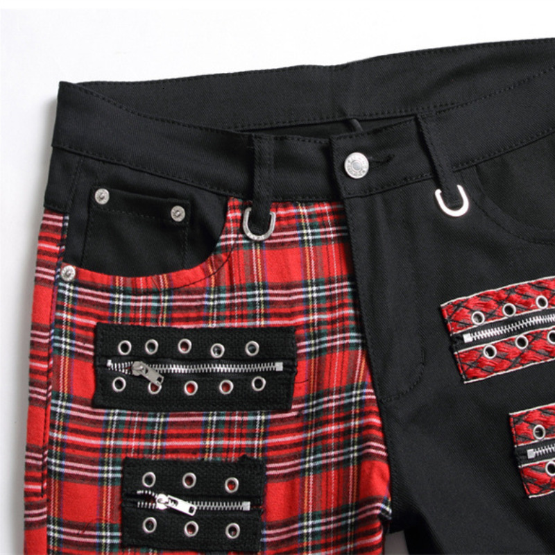 Men's Jeans Fashion Red Plaid Patchwork Punk Zipper Men Pencil Jeans Trousers Y2K Buckle Hip Hop Gothic Slim Denim Pants Pantaloni Uomo 230512