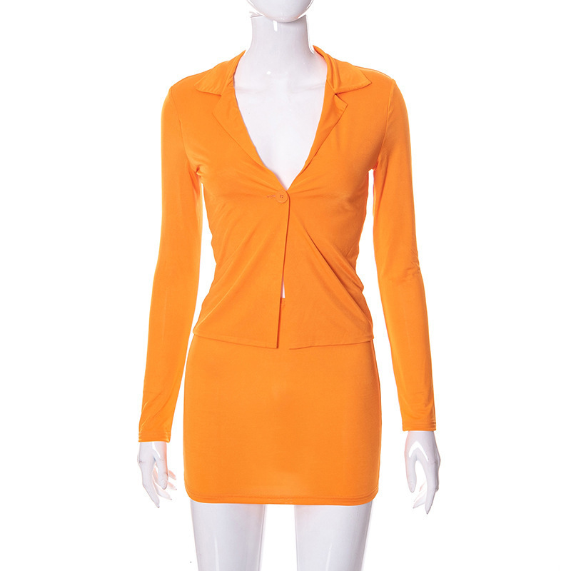 Two Piece Dress Orange Two Piece Set Dress Women Solid Autumn Long Sleeve Single Button Polo Neck Shirt Top Mini Skirt Casual Suit Streetwear 230512