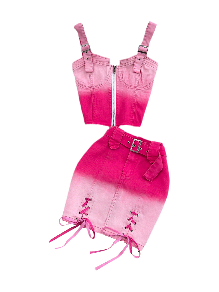Two Piece Dress DEAT Fashion Contrast Color Gradient Twopiece Women Denim Zipper Sling Vest High Waist Bandage Skirt Spring 11XX01037 230512