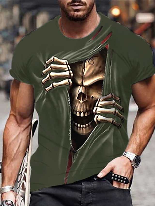 RUKAS Universal Funny T-Shirt Skull Graphic Lower Throat Cut Custom Black Turquoise Khaki 3D Casual Short Sleeve Print