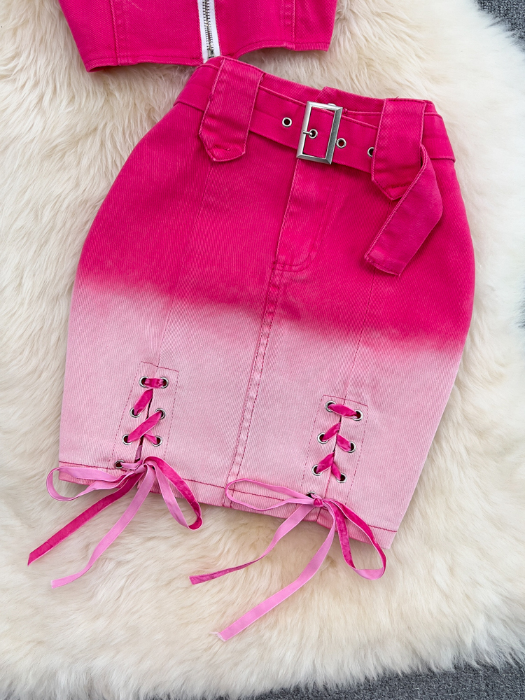 Two Piece Dress DEAT Fashion Contrast Color Gradient Twopiece Women Denim Zipper Sling Vest High Waist Bandage Skirt Spring 11XX01037 230512