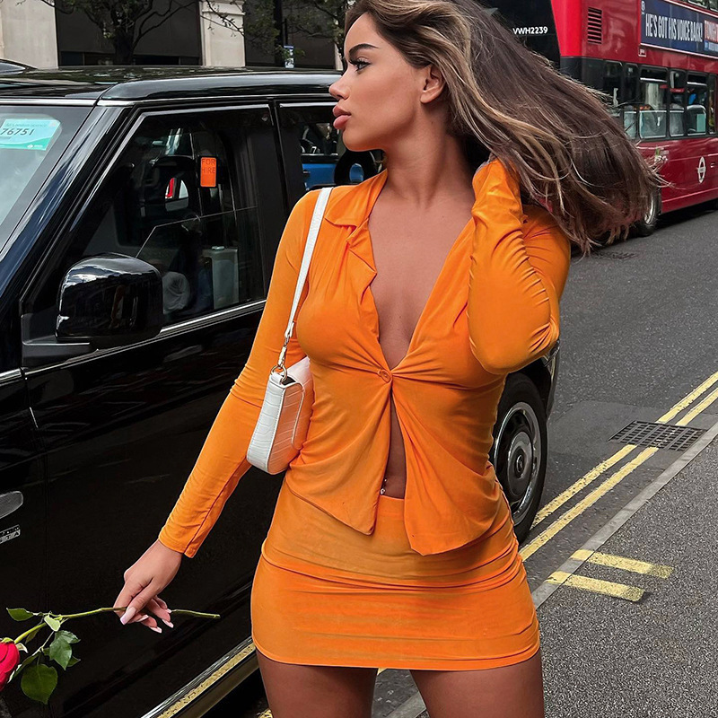 Two Piece Dress Orange Two Piece Set Dress Women Solid Autumn Long Sleeve Single Button Polo Neck Shirt Top Mini Skirt Casual Suit Streetwear 230512