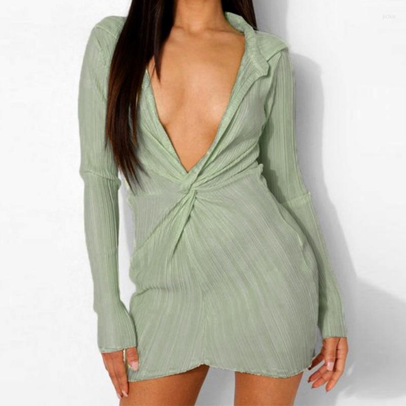 Casual Dresses Sexy Polo-neck Dress Slim Slimming Temperament Deep V-neck Solid Color Waist Pleated Long-sleeved Mini Skirt Pretty For Women