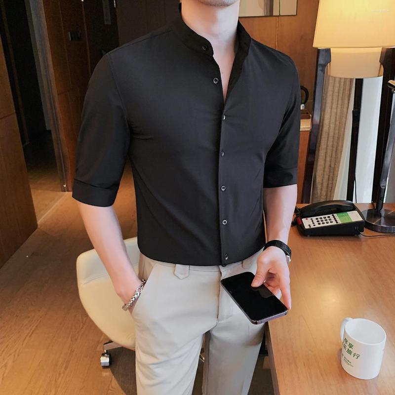 Men's Casual Shirts Plus Size 5XL-M Men's Stand Collar Business Half Sleeve Shirt 2023 Summer Luxury Slim Fit Solid Dress 4 Colors