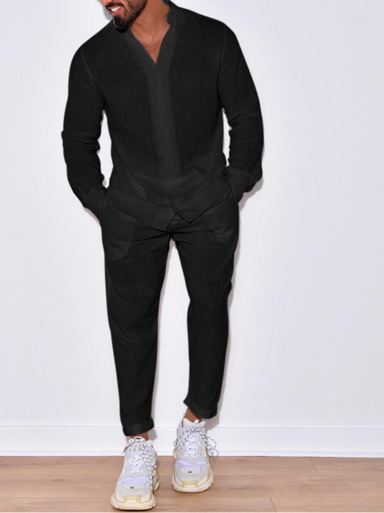 Tracksuits European And American Men's Linen Autumn Casual Suit Long-Sleeved One-Piece Cargo Trousers Are On Sale