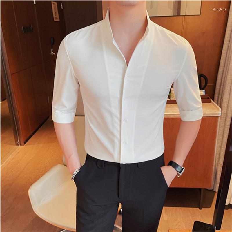 Men's Casual Shirts Plus Size 5XL-M Men's Stand Collar Business Half Sleeve Shirt 2023 Summer Luxury Slim Fit Solid Dress 4 Colors