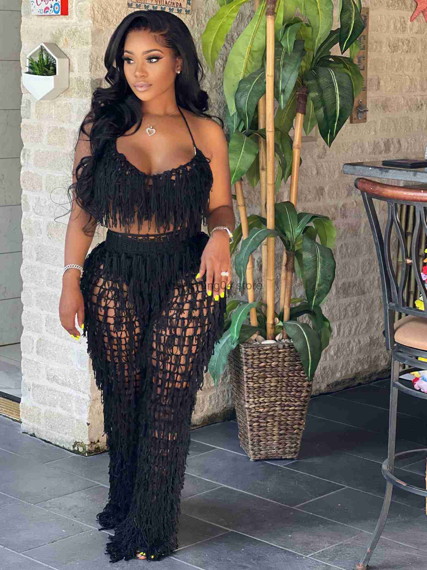 Women's Two Piece Pants Knit Rib Tassel 2 Piece Set Summer Beach Wear Sexy Fishnet Halter Lace Up Crop Top + Pants See Through Tracksuit Women Ou