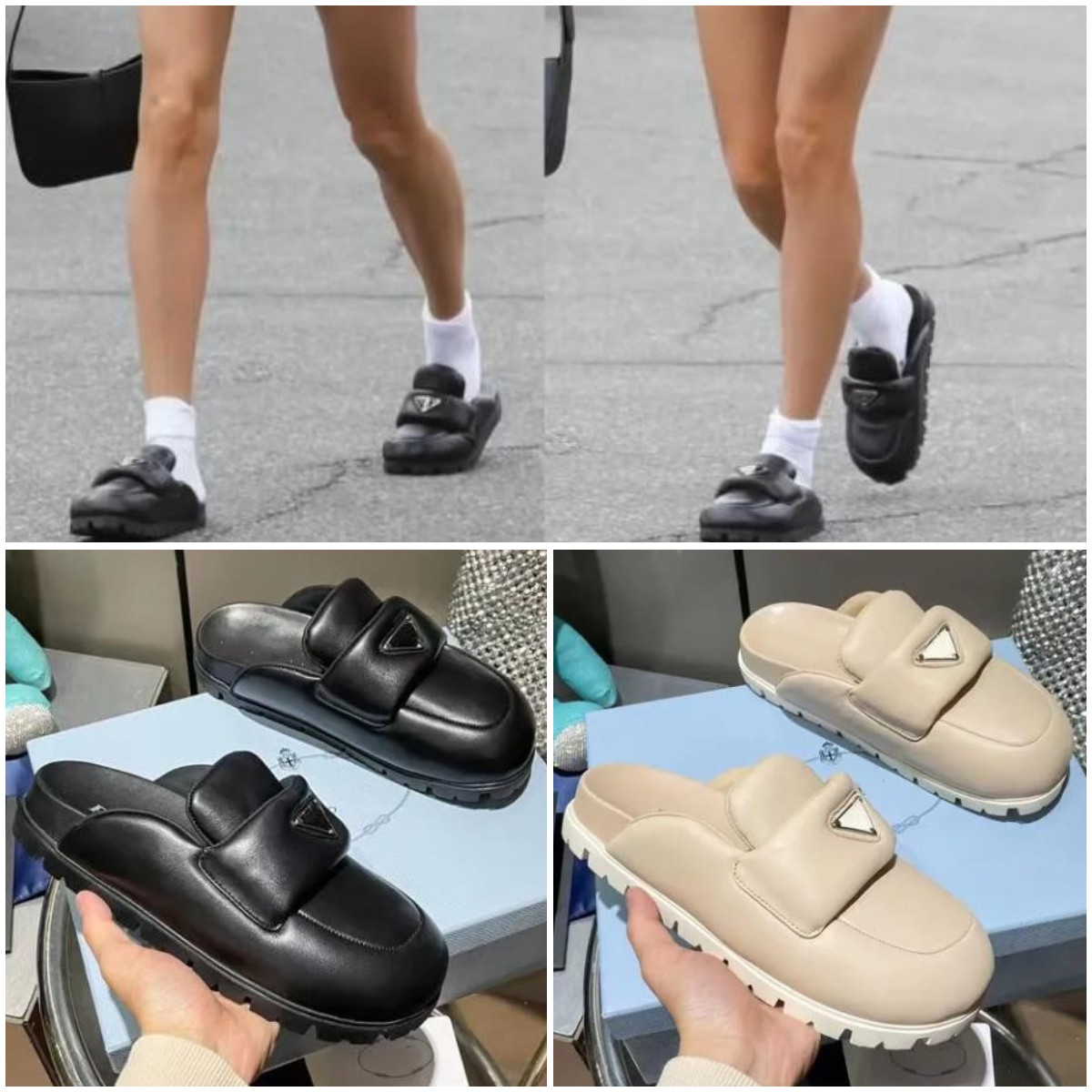 Designer Soft Padded Nappa Mulers Half Slippers Slides Leather Sabots Breakf Pump Loafers Enameled Metal Triangle Rubber sole Fashion size 35-40, Color19
Designer Soft Padded Nappa Mulers Half Slippers Slides Leather Sabots Breakf Pump Loafers Enameled Metal Triangle Rubber sole Fashion size 35-40, Color19