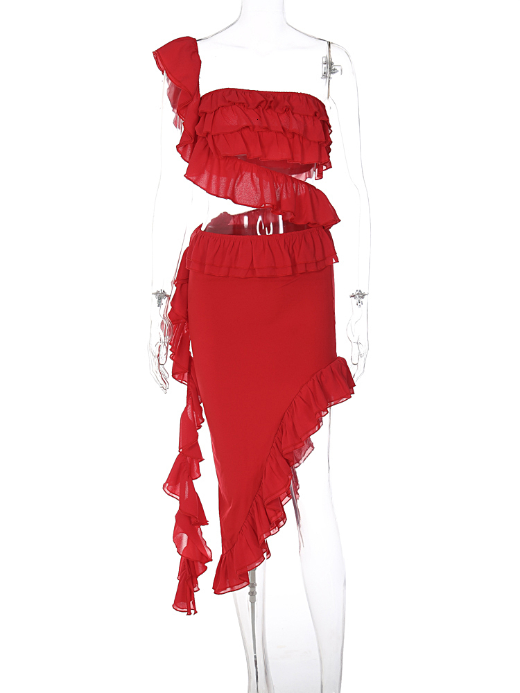 Two Piece Dress Ruffle Skirt And Top Set Women Outfits Summer Beach Holiday Outfit One Shoulder Asymmetrical Sets 230512
