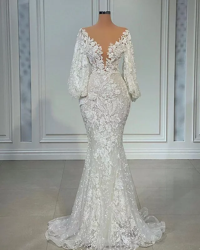 Sleeve Mermaid Long Wedding Dresses Sheer Neck Full Lace Floral Beaded African Trumpet Fishtail Beach Aso Ebi Bridal Gowns