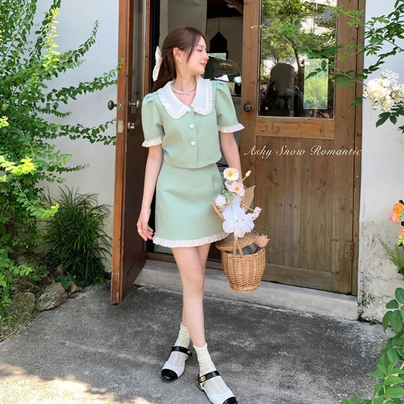 Two Piece Dress Summer Sweet Two Piece Dress Sets Peter Pan Collar Short Sleeve Crop Top Mini Skirts Korean Fashion Retro Green Hepburn Suit 230512