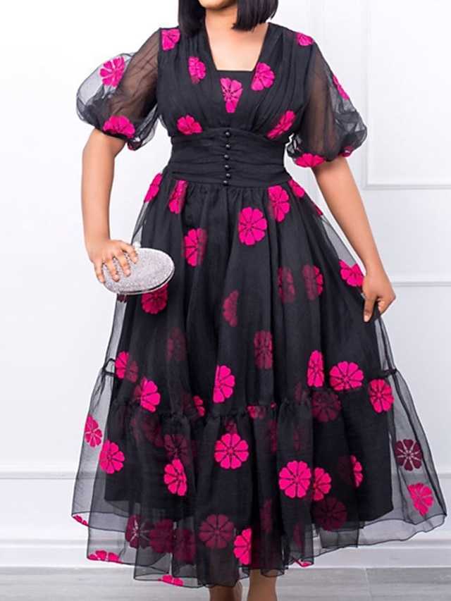 wife Large Holiday Dress Flower Print V-Neck Mesh Sleeve Short Sleeve Autumn Spring Ball Dress Long Dress Holiday Date Dress/Print