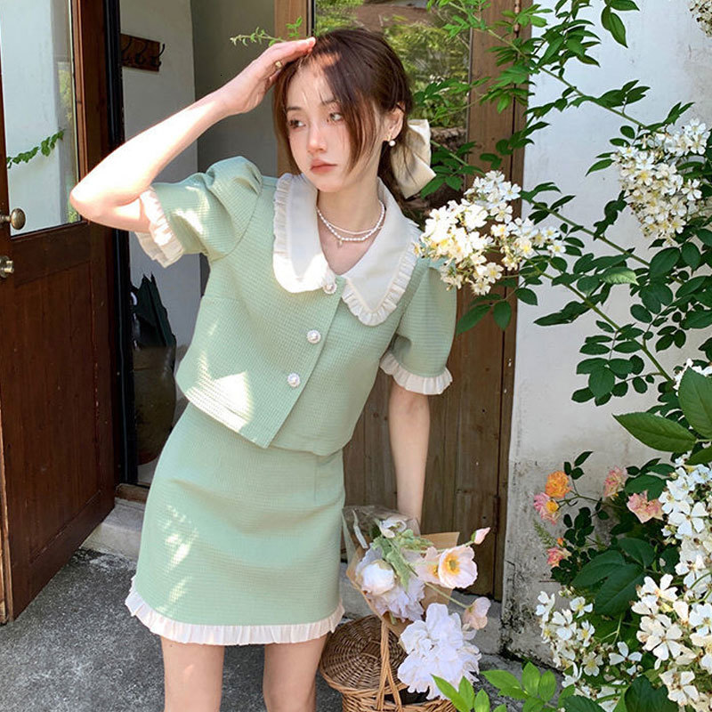 Two Piece Dress Summer Sweet Two Piece Dress Sets Peter Pan Collar Short Sleeve Crop Top Mini Skirts Korean Fashion Retro Green Hepburn Suit 230512