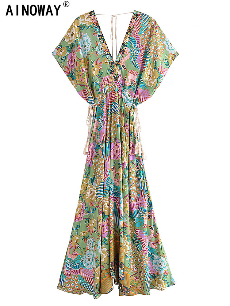 Casual Dresses Vintage Chic Women Peacock Floral Print Bat Sleeve Beach Bohemian Maxi Dresses Ladies V Neck Tassel Summer Rayon Dress 230512