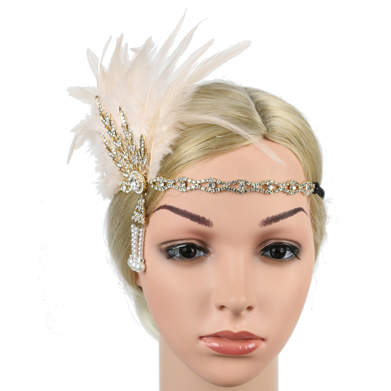 Hair Rubber Bands 1920s Flapper Headband Feather Headpiece Roaring 20s Great Gatsby Inspired Leaf Medallion Pearl Women Accessories p230512