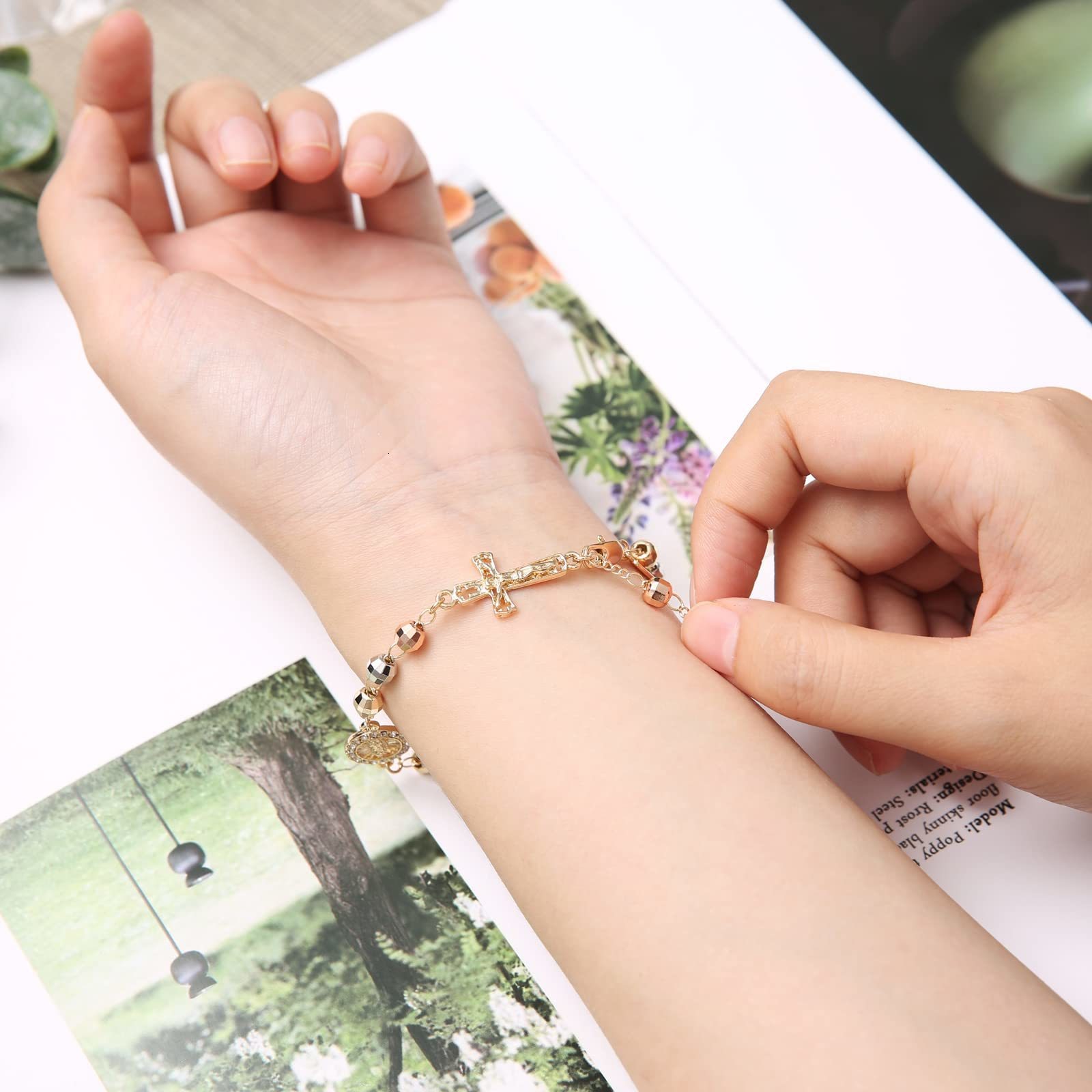 Chain HZMAN 75 Inch Virgin Mary Bracelet Rosary Bead Cross of Guadalupe Adjustable Link for Women Girl Jewelry Gift 230511