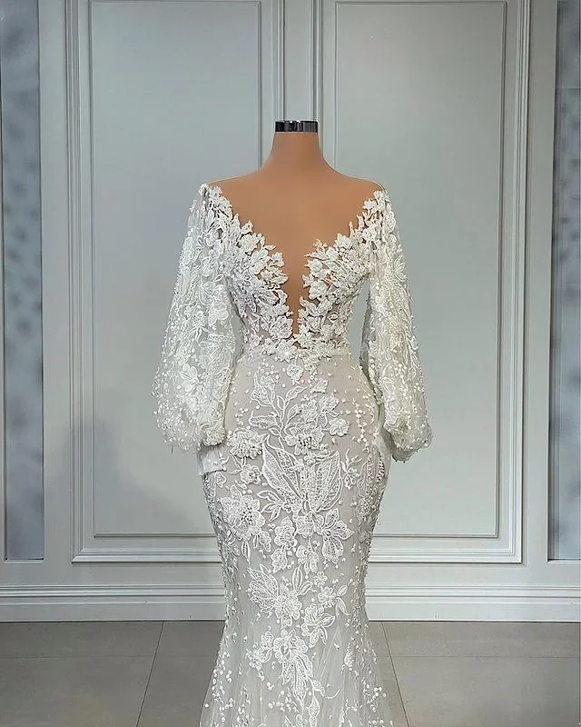 Sleeve Mermaid Long Wedding Dresses Sheer Neck Full Lace Floral Beaded African Trumpet Fishtail Beach Aso Ebi Bridal Gowns