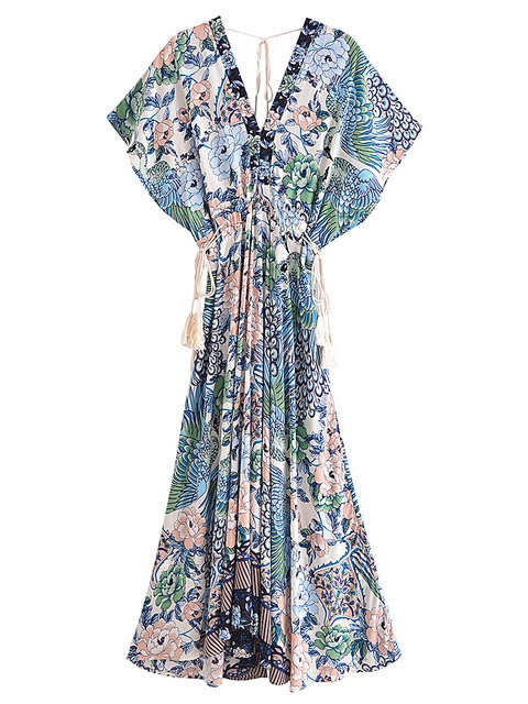 Casual Dresses Vintage Chic Women Peacock Floral Print Bat Sleeve Beach Bohemian Maxi Dresses Ladies V Neck Tassel Summer Rayon Dress 230512